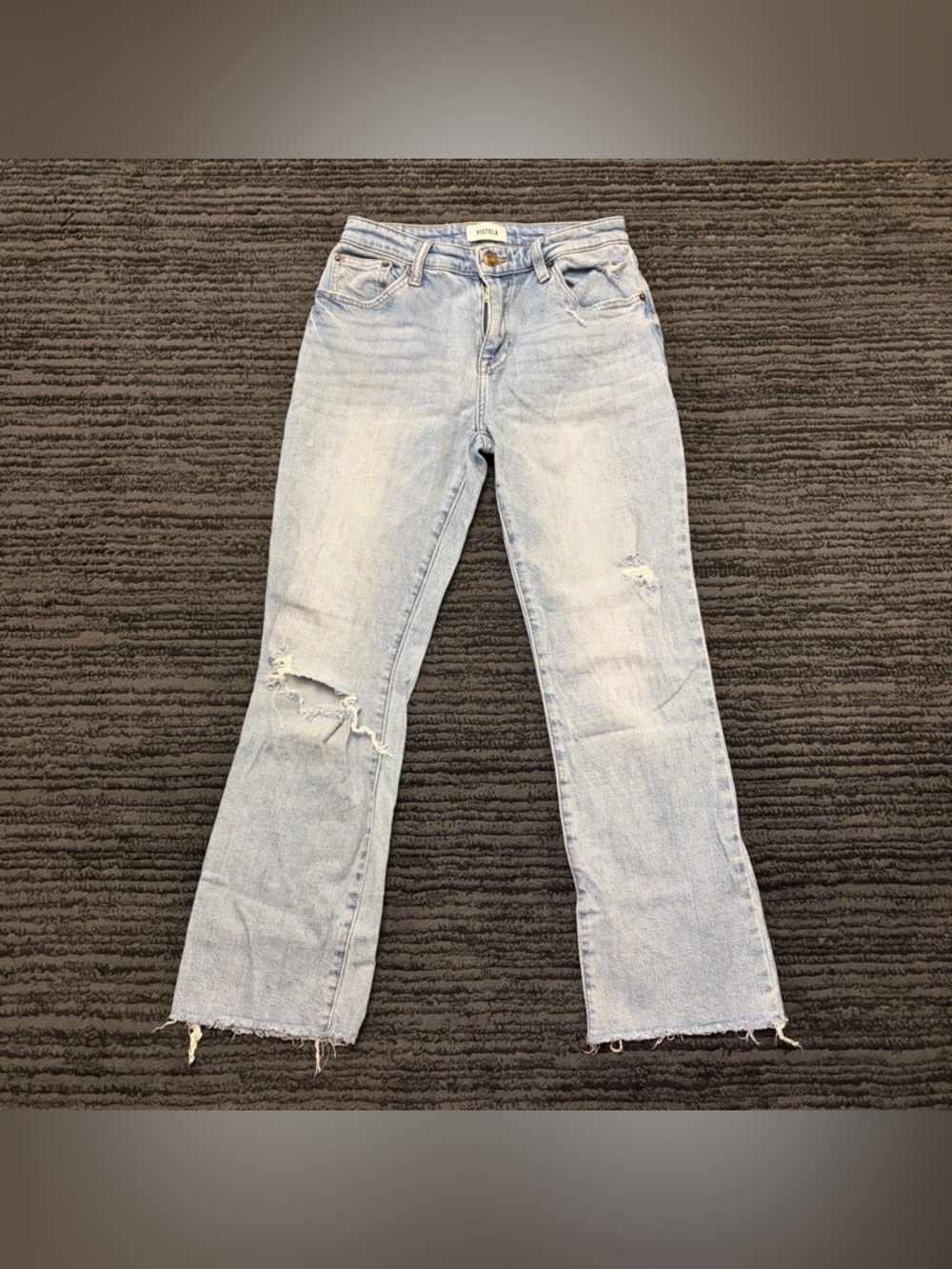 Pistola Lennon Distressed Lightwash Mid Rise Zip Fly Frayed Crop Hem Denim Jeans